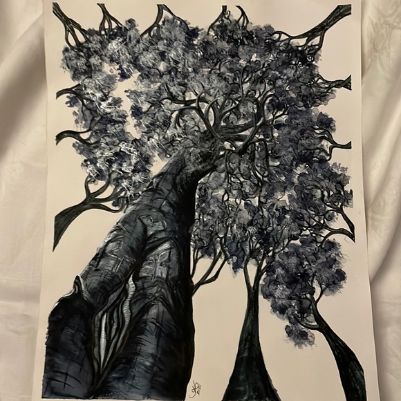 Clementine Lane 1979 Other - Unframed Original Watercolour & Ink Painting Treetops & Trunks By Alberta Artist